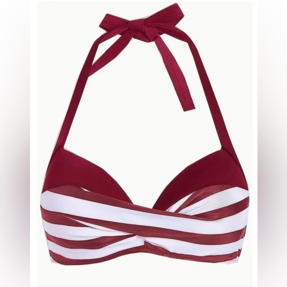 Retro Pin Up Girl Burgundy Stripe Push Up High Waisted Bikini Set XXL - Picture 4 of 10